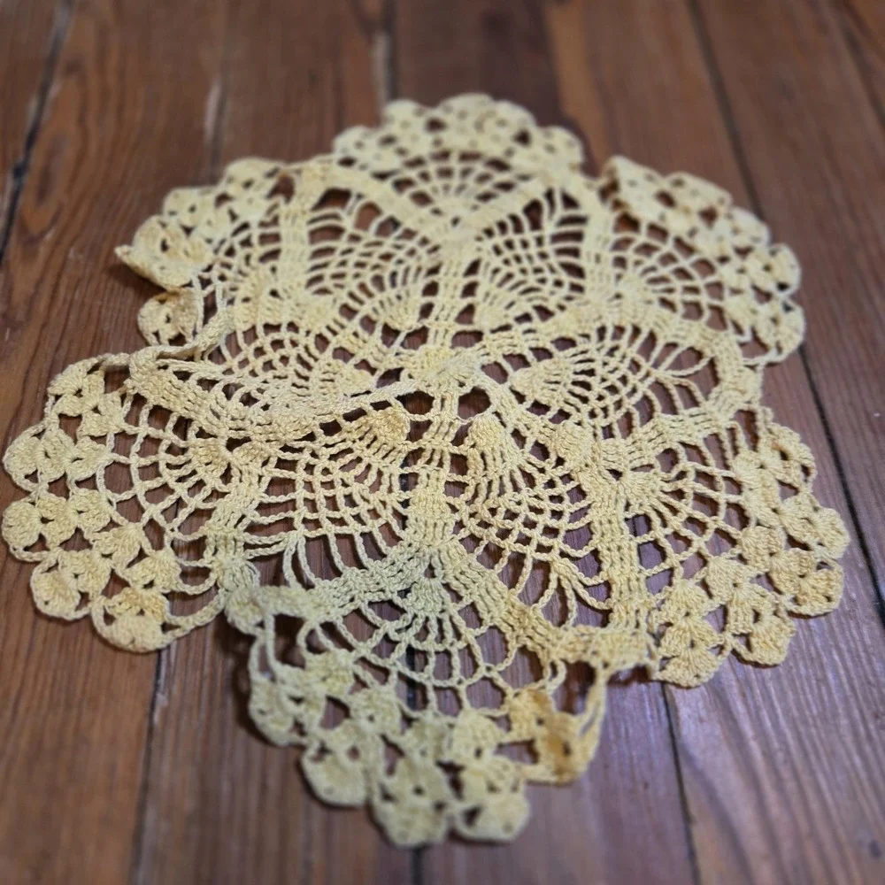 Handmade vintage Yellow crochet Table doily 12